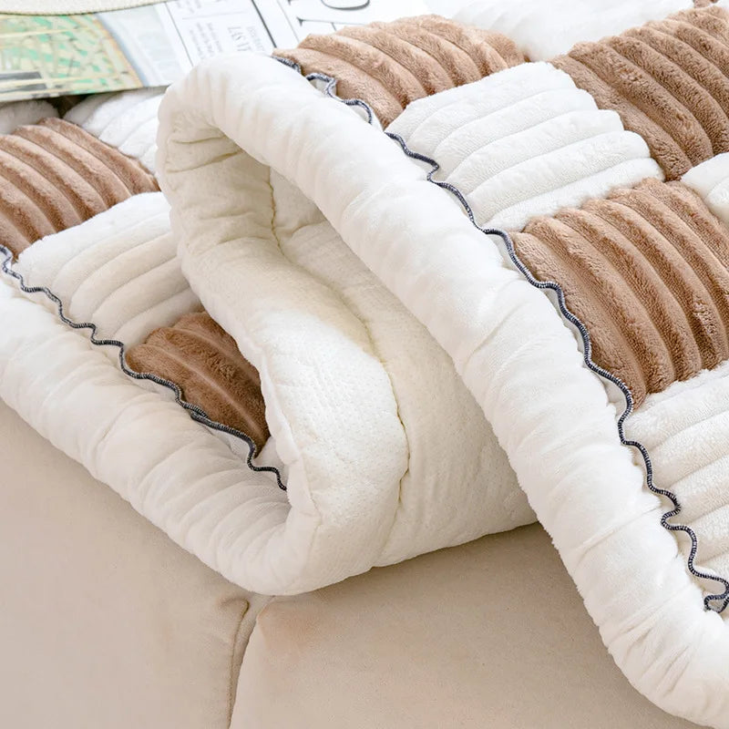 Cream-colored Large Plaid Square Pet Dog Mat Bed Couch Cover