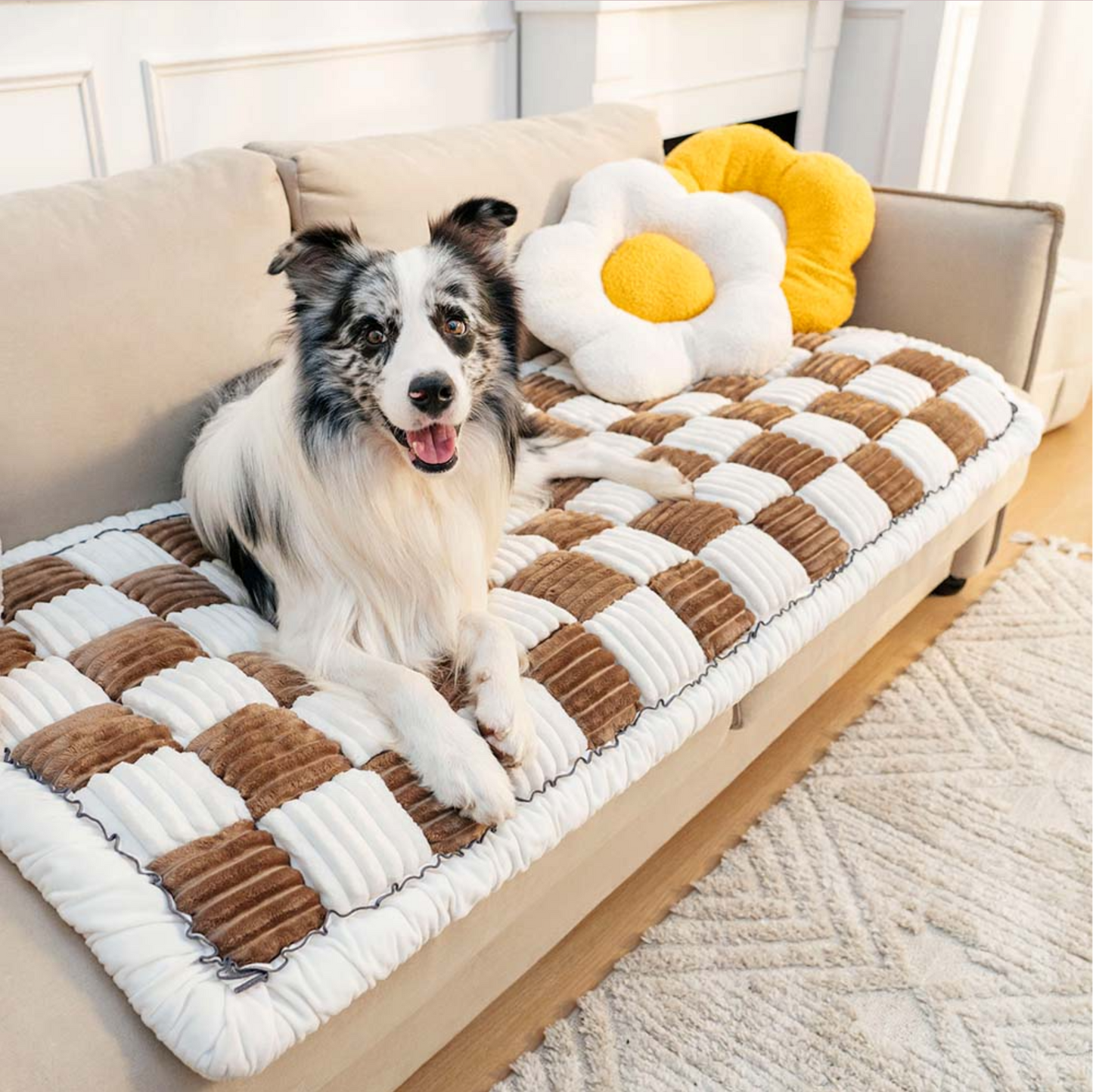 Cream-colored Large Plaid Square Pet Dog Mat Bed Couch Cover