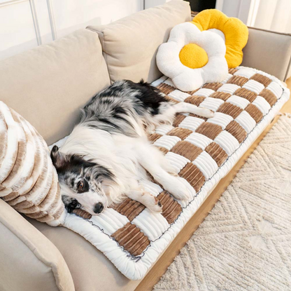 Cream-colored Large Plaid Square Pet Dog Mat Bed Couch Cover