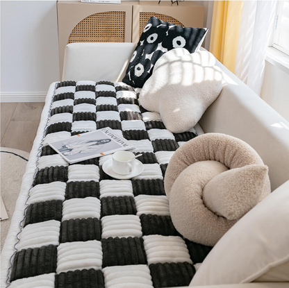 Cream-colored Large Plaid Square Pet Dog Mat Bed Couch Cover