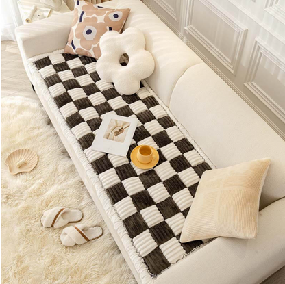 Cream-colored Large Plaid Square Pet Dog Mat Bed Couch Cover